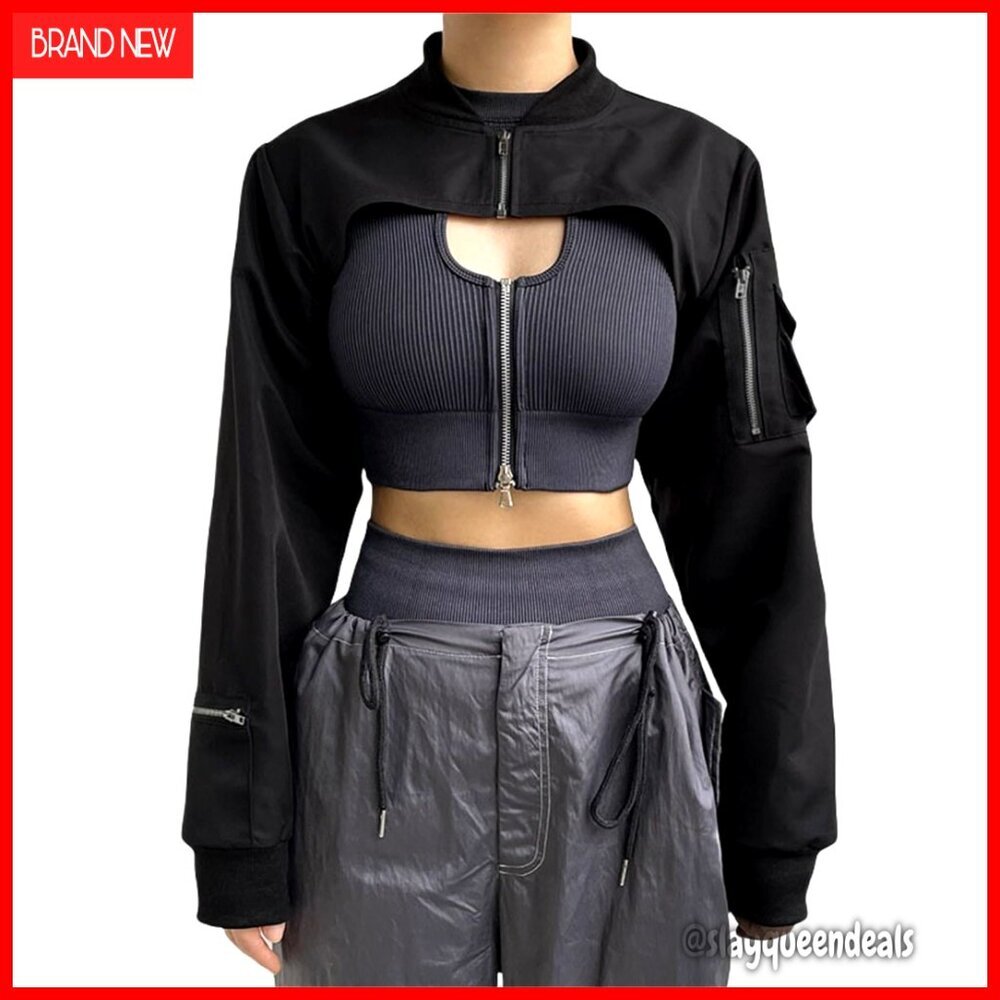 Long Sleeve Crop Shrug Top with Cargo Pockets and Zipper Accents